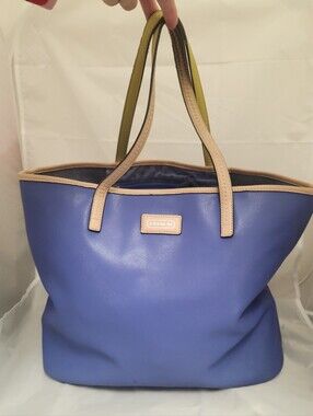 Coach Blue Leather Tote with Tan Trim and Yellow Handles Suede Interior Large